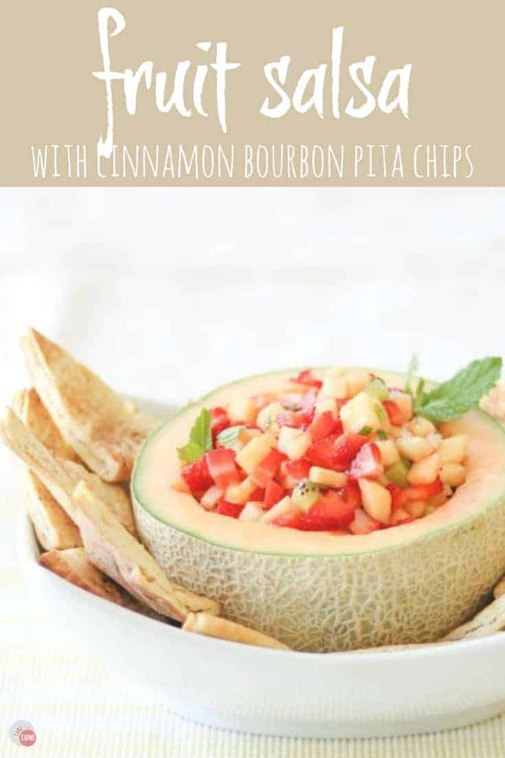Pinterest image with text "Fruit Salsa with Cinnamon Bourbon Pita Chips"