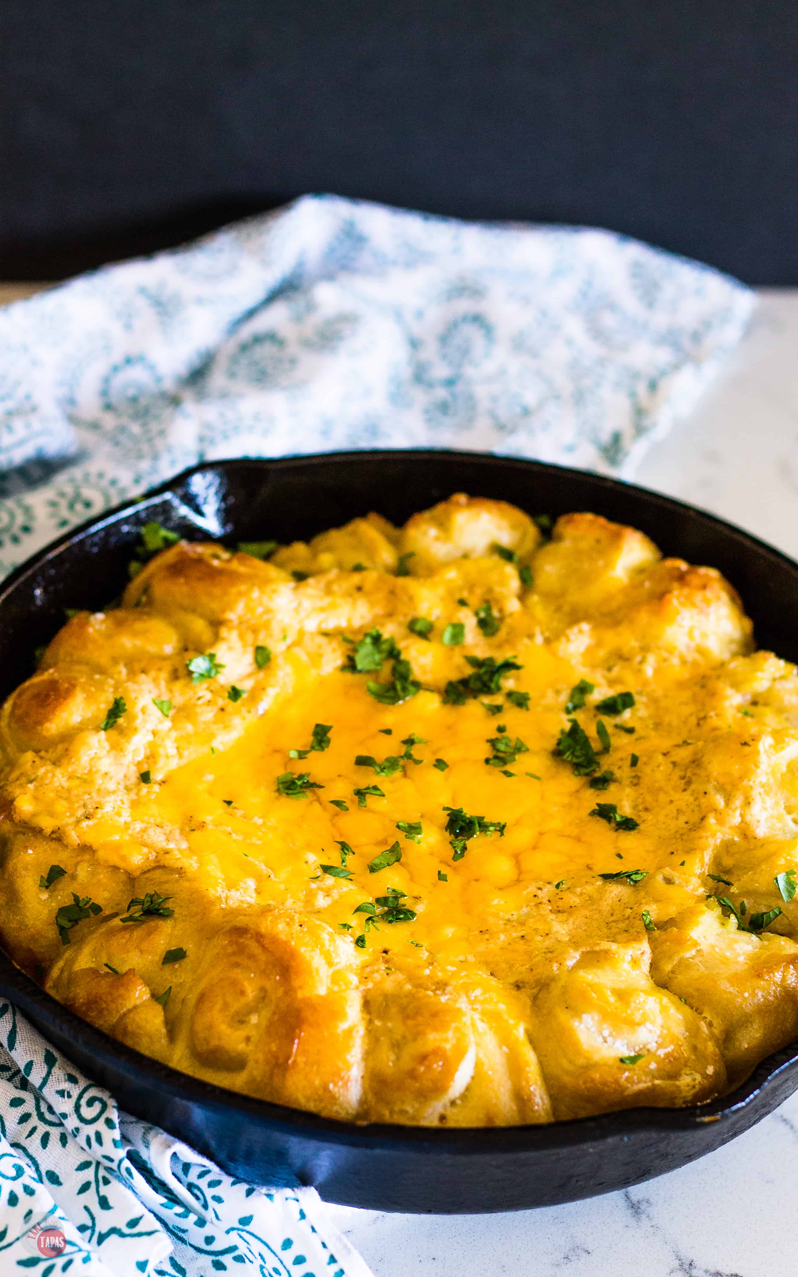 Side view of Mexican Beer cheese Skillet dip