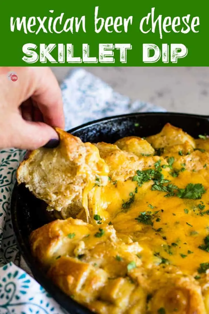 Pinterest image with text "mexican beer cheese skillet dip"