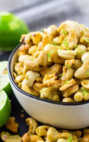 These Chili Lime Cashews will be the hit of your party! | Take Two Tapas | #Cashews #MixedNuts #SpicedNuts #SnackMix #Lime #Cashews #Nuts #Paleo