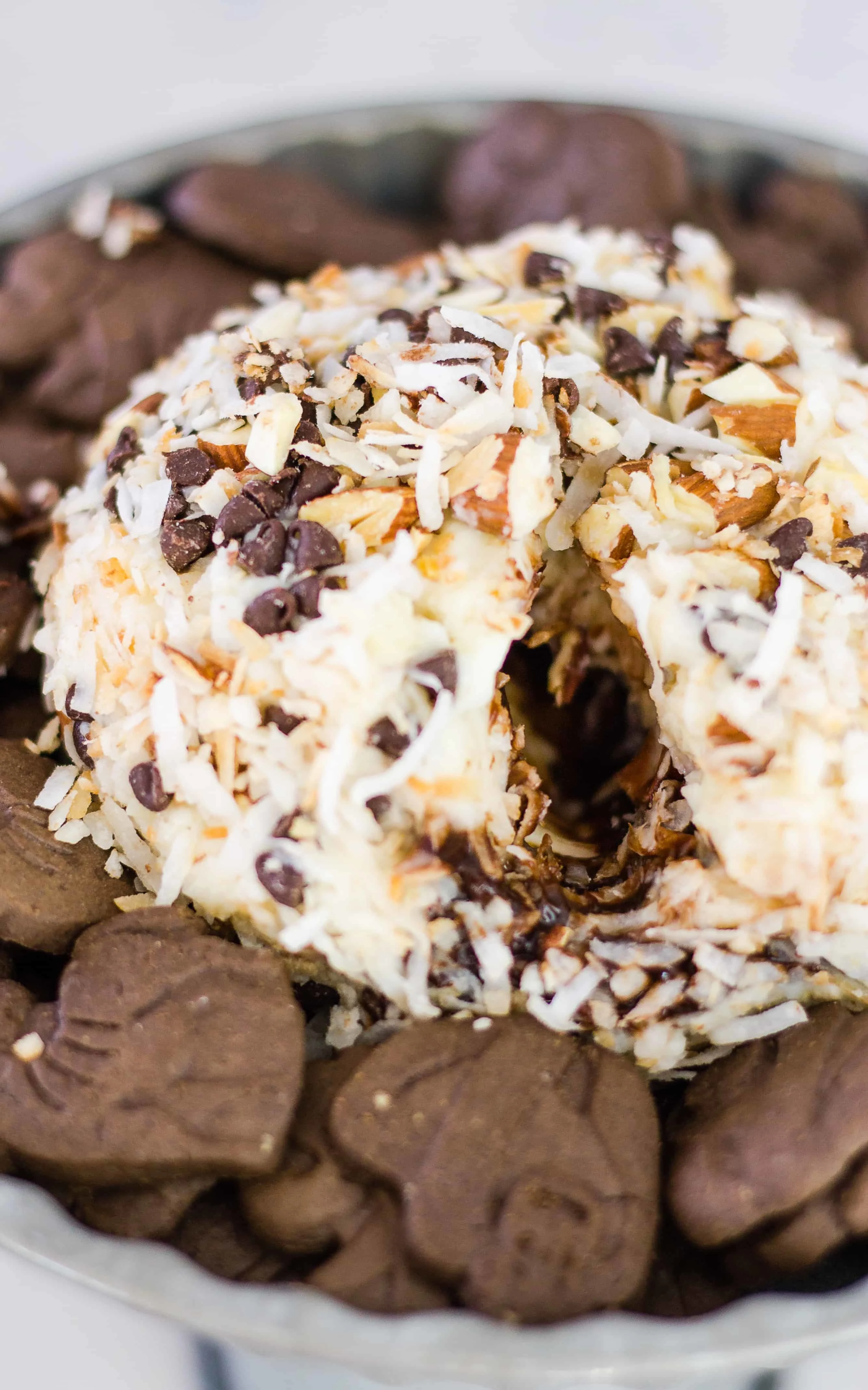 Tunnel of Fudge Sauce Almond Joy Cheese Ball | Take Two Tapas | #AlmondJoy #CheeseBall #SweetCheeseBall #CheeseBallRecipes #BestCheeseBalls #AlmondJoyRecipes