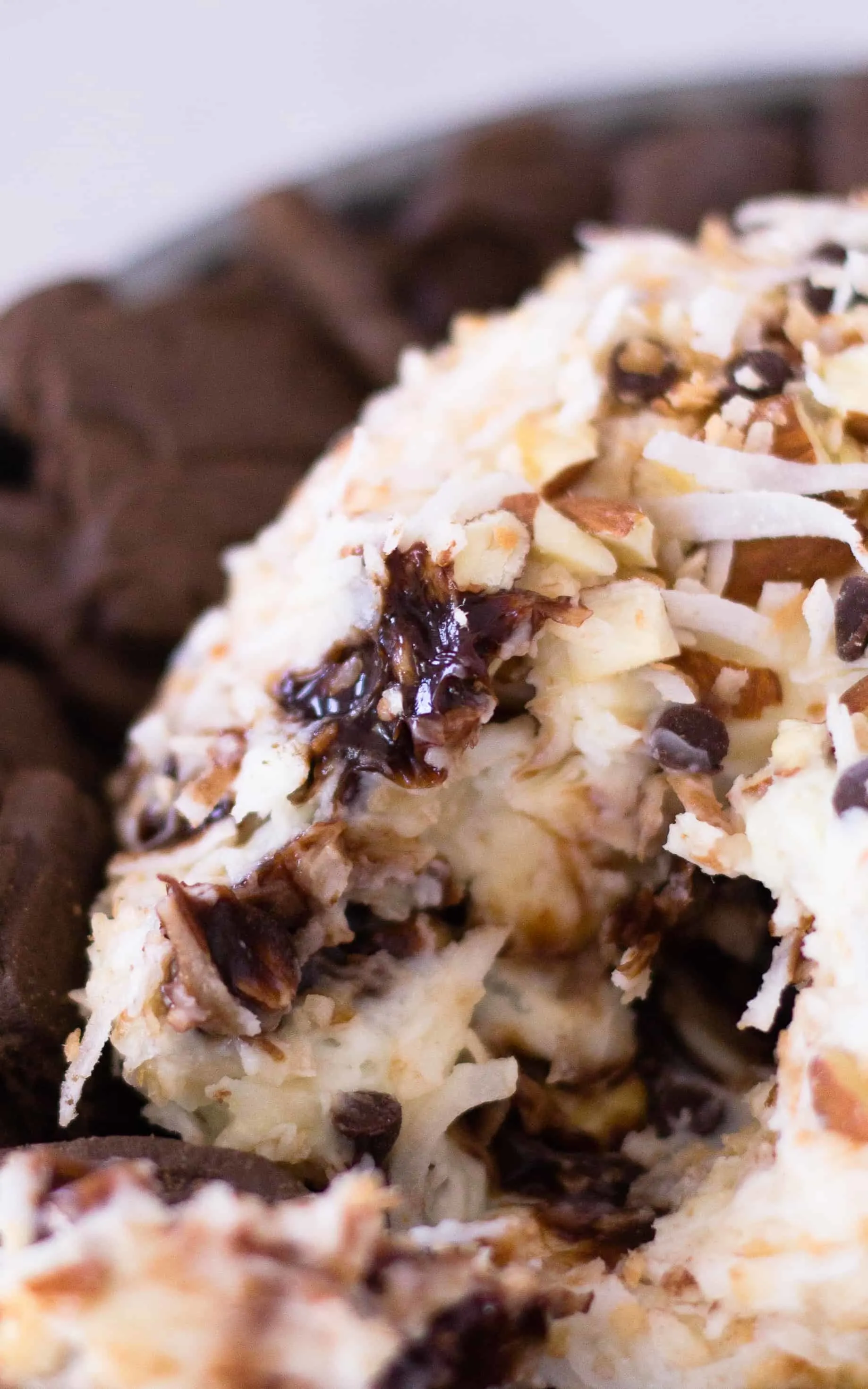 Tunnel of Gooey Fudge Sauce Almond Joy Cheese Ball | Take Two Tapas | #AlmondJoy #CheeseBall #SweetCheeseBall #CheeseBallRecipes #BestCheeseBalls #AlmondJoyRecipes