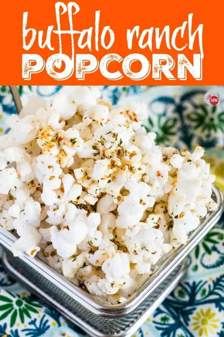 Pinterest Image with text "Buffalo Ranch Popcorn"