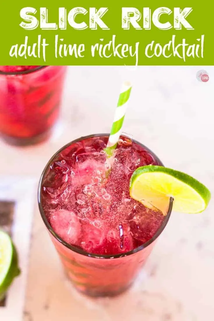 Pinterest image with text "Slick Rick Cocktail adult lime rickey cocktail"
