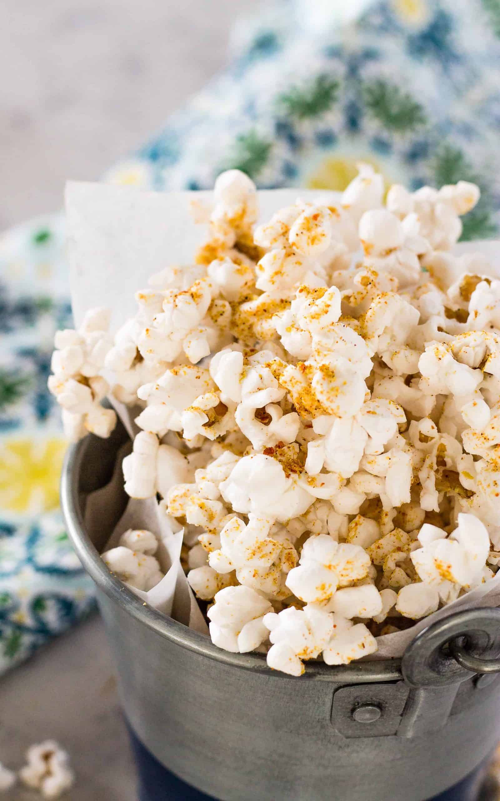 overhead shot of popcorn in a bowl