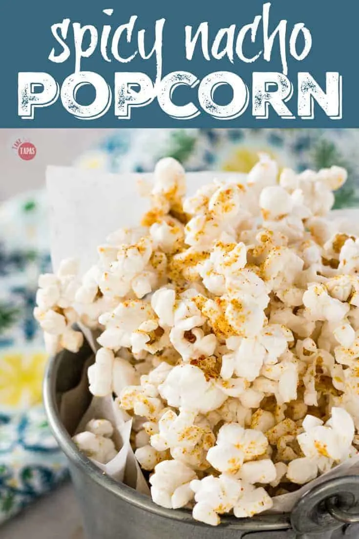 Pinterest Image with text "Spicy Nacho Popcorn"