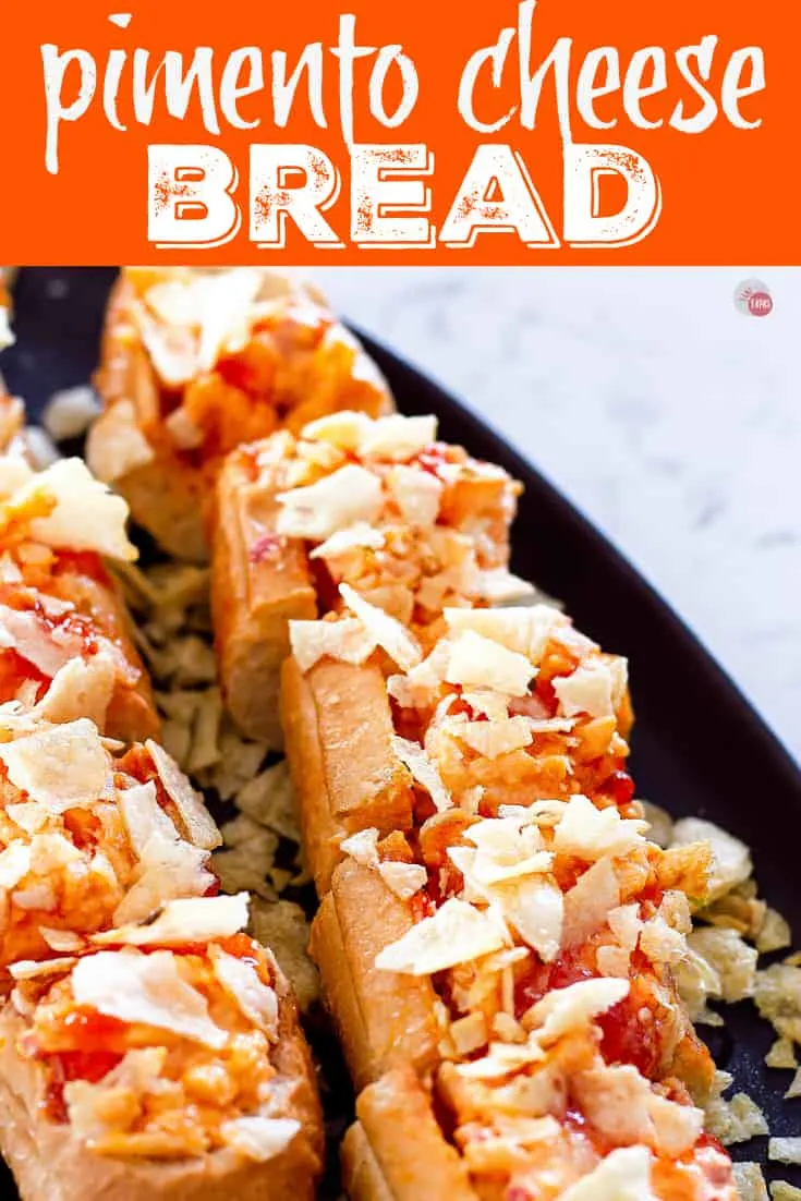 Sweet and Spicy Pimento Cheese Bread is an easy last minute appetizer recipe | Take Two Tapas | #SweetandSpicy #PimentoCheese #BreadAppetizer #FrenchBread #PartyFoods #PepperJelly