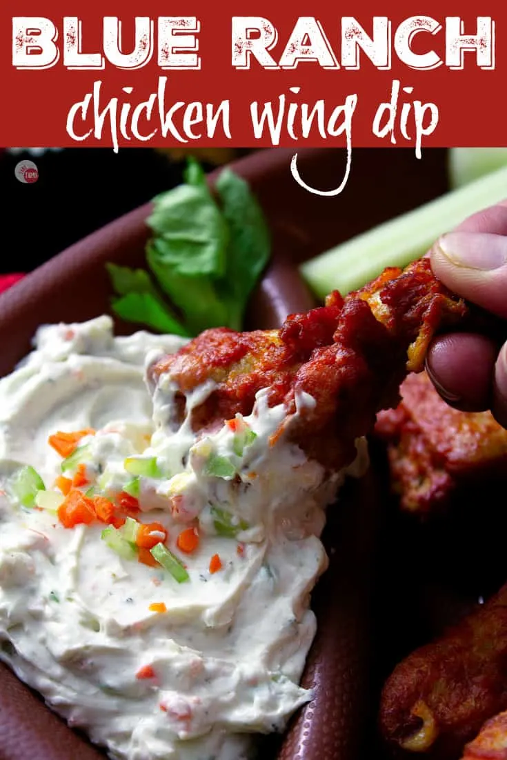 When the chicken wing dip debate rages on, come together over this Blue Ranch Chicken Wing Dip that is a combination of the two most popular dips.  Complete with a sprinkling of carrots AND celery! | Take Two Tapas | #AD #FallEntertainingWithTyson #ChickenWingDip #BlueCheeseRecipe #RanchDressingRecipe #Tailgating