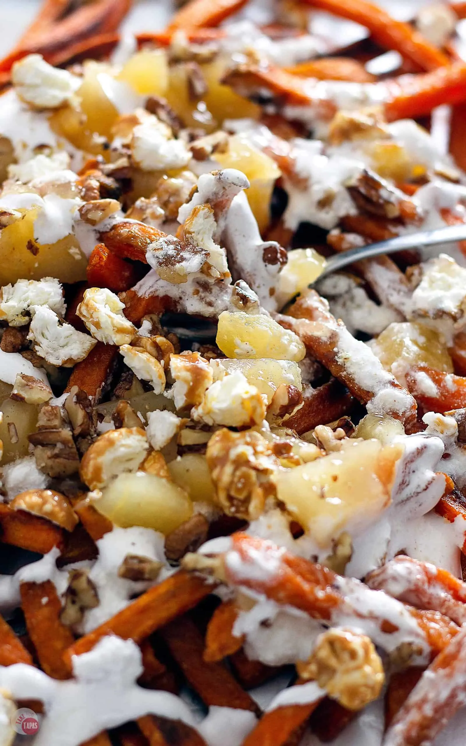 close up of poutine with a fork in it
