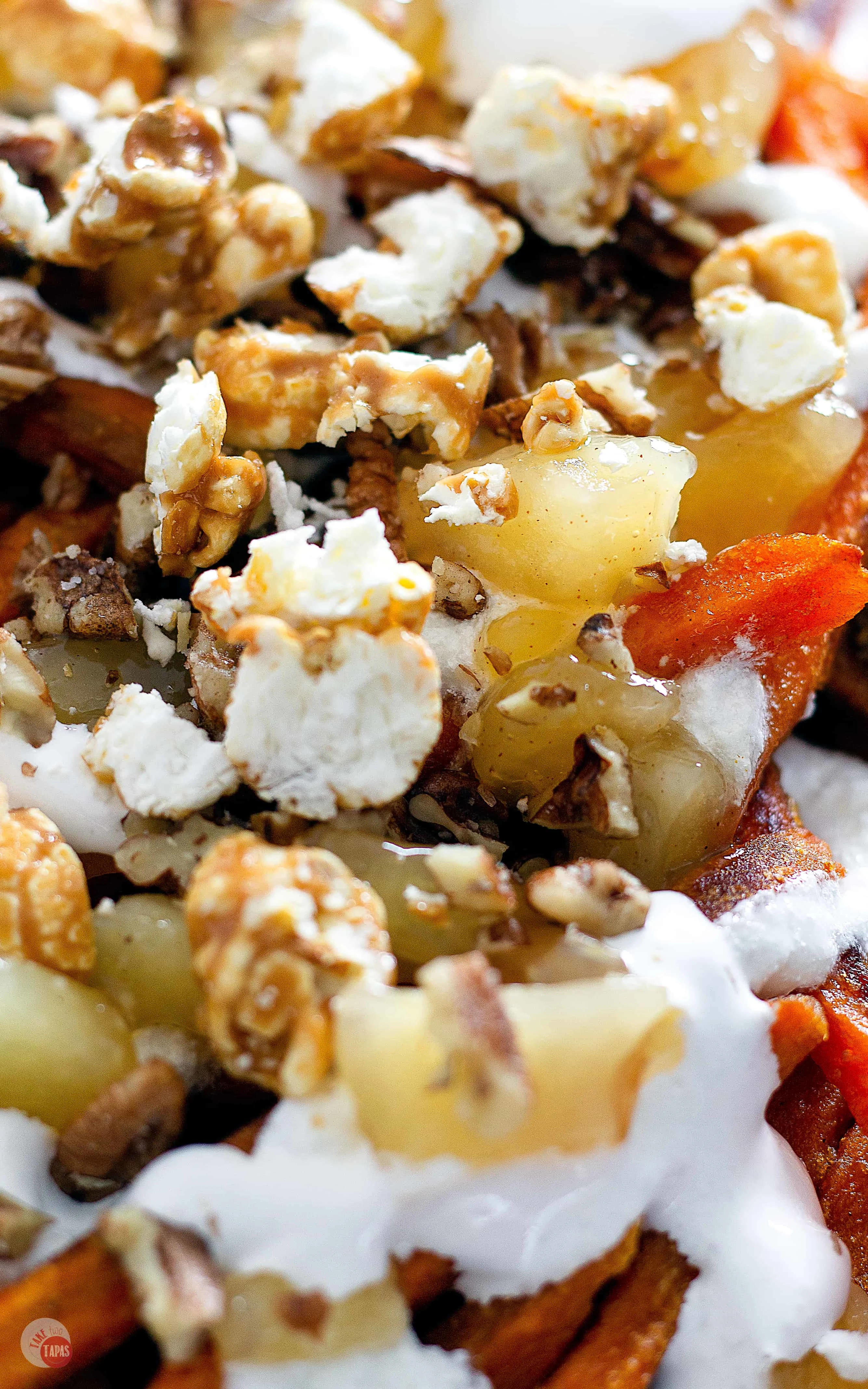 Sweet Potato Poutine - sweet potato fries with marshmallow and apples! | Take Two Tapas | #PoutineRecipes #SweetPotatoRecipes #FrenchFryRecipes