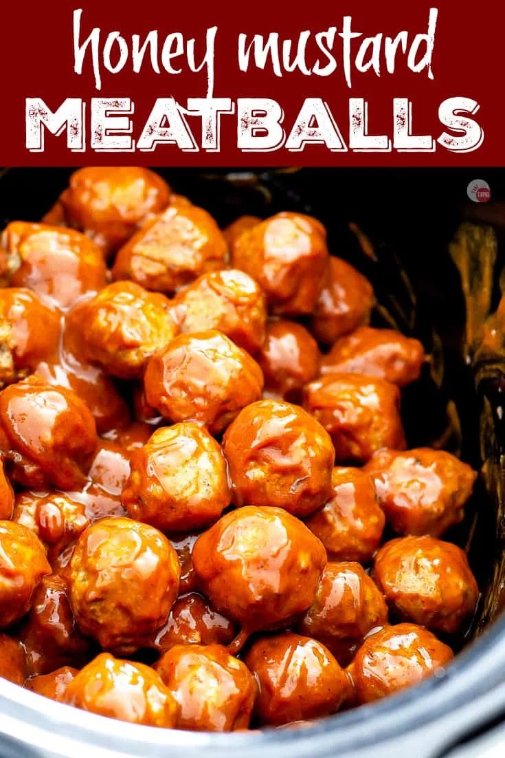 Pinterest image with text "honey mustard meatballs"