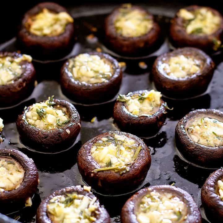 side view of Roasted Garlic Butter Mushrooms in a skillet