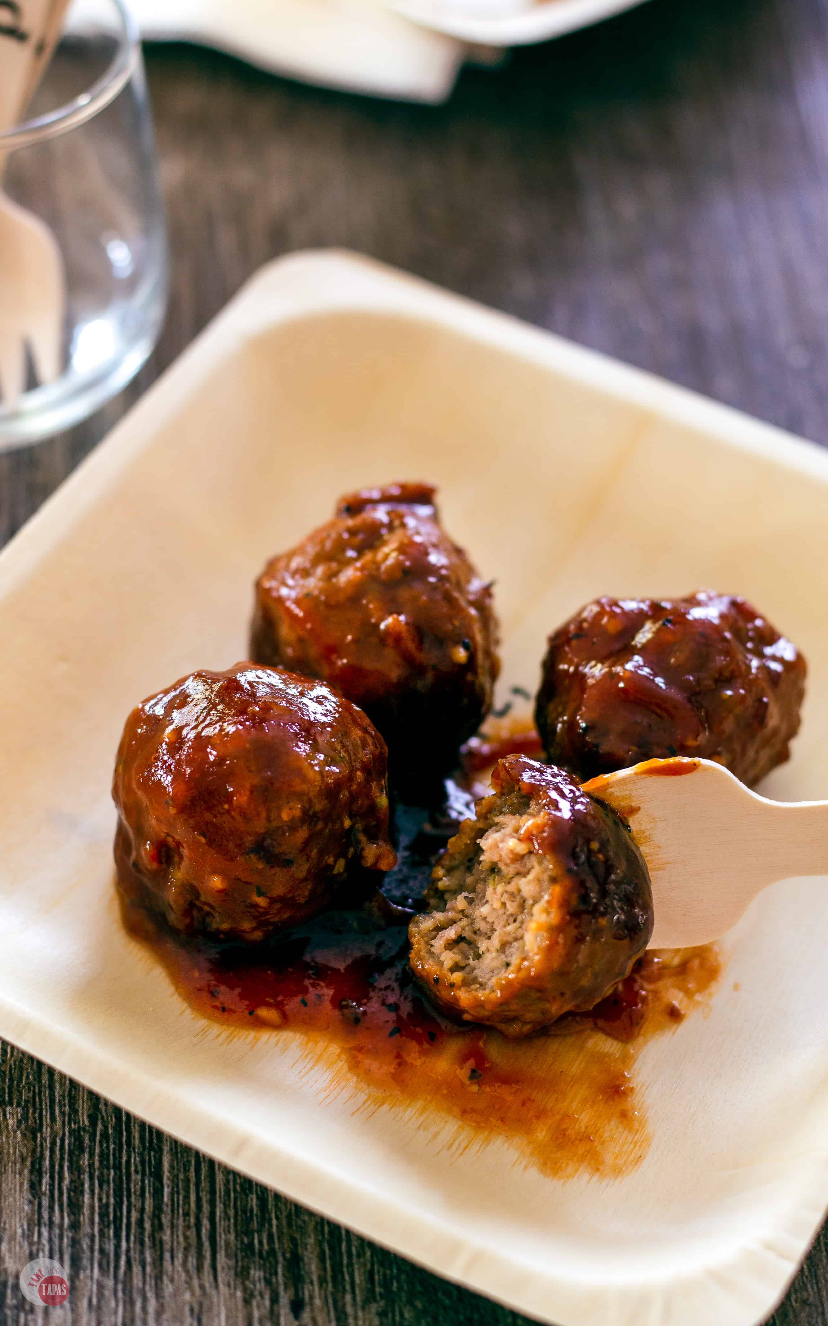 you can serve these Crock Pot Steakhouse BBQ Meatballs with toothpicks or a fork! | Take Two Tapas | #CrockpotMeatballs #SlowCookerMeatballs #PartyMeatballs #MeatballRecipes #PartyAppetizers