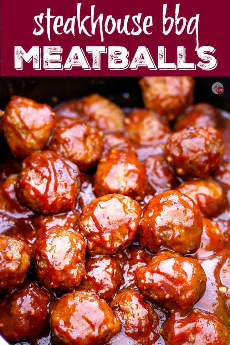 Pinterest image with text "steakhouse bbq meatballs"