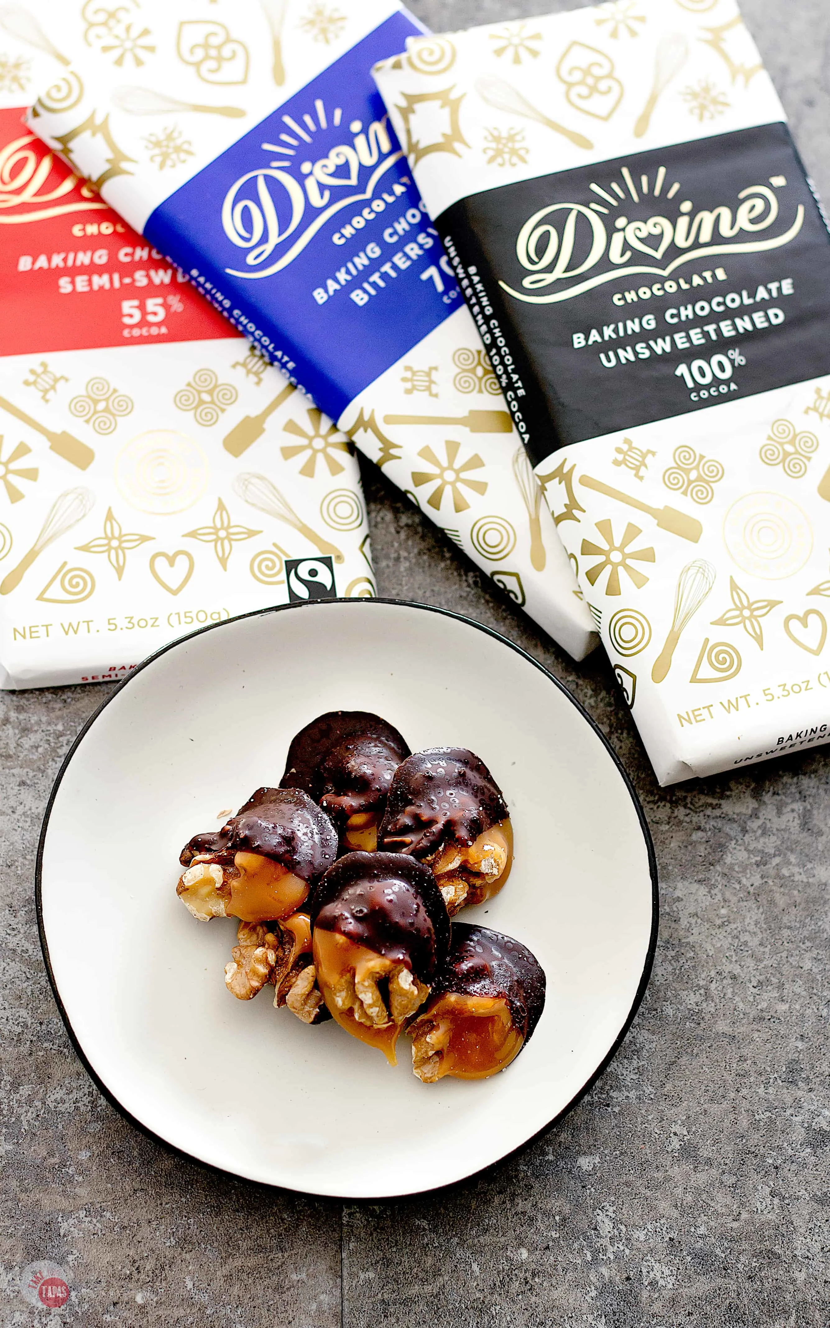 Walnut Amaretto Truffles are dipped in caramel and dark or bittersweet chocolate