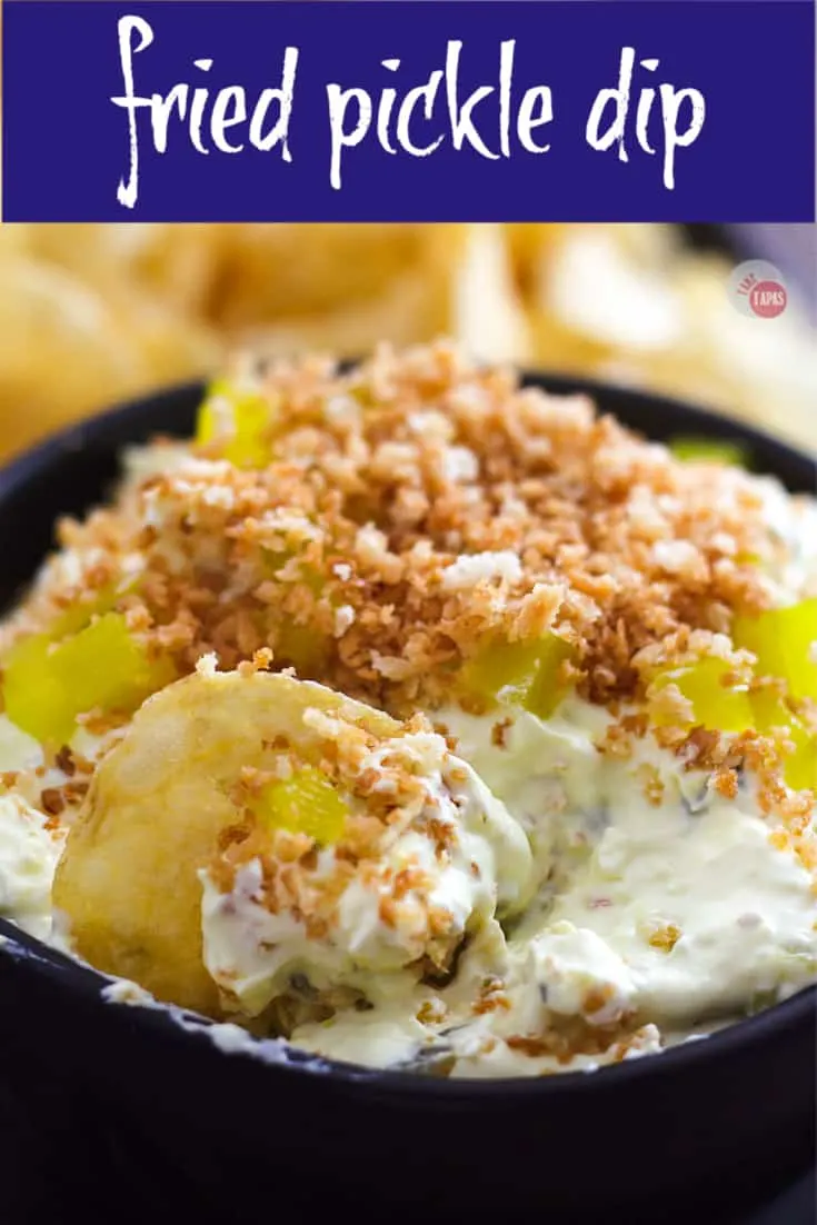 My Fried Pickle Dip gives you tart dill pickles, creamy sour cream to mellow them out, and toasted buttery panko breadcrumbs to mimic the crispy fried coating! | Take Two Tapas | #FriedPickles #PickleDip #FriedPickleDip #PickleRecipes