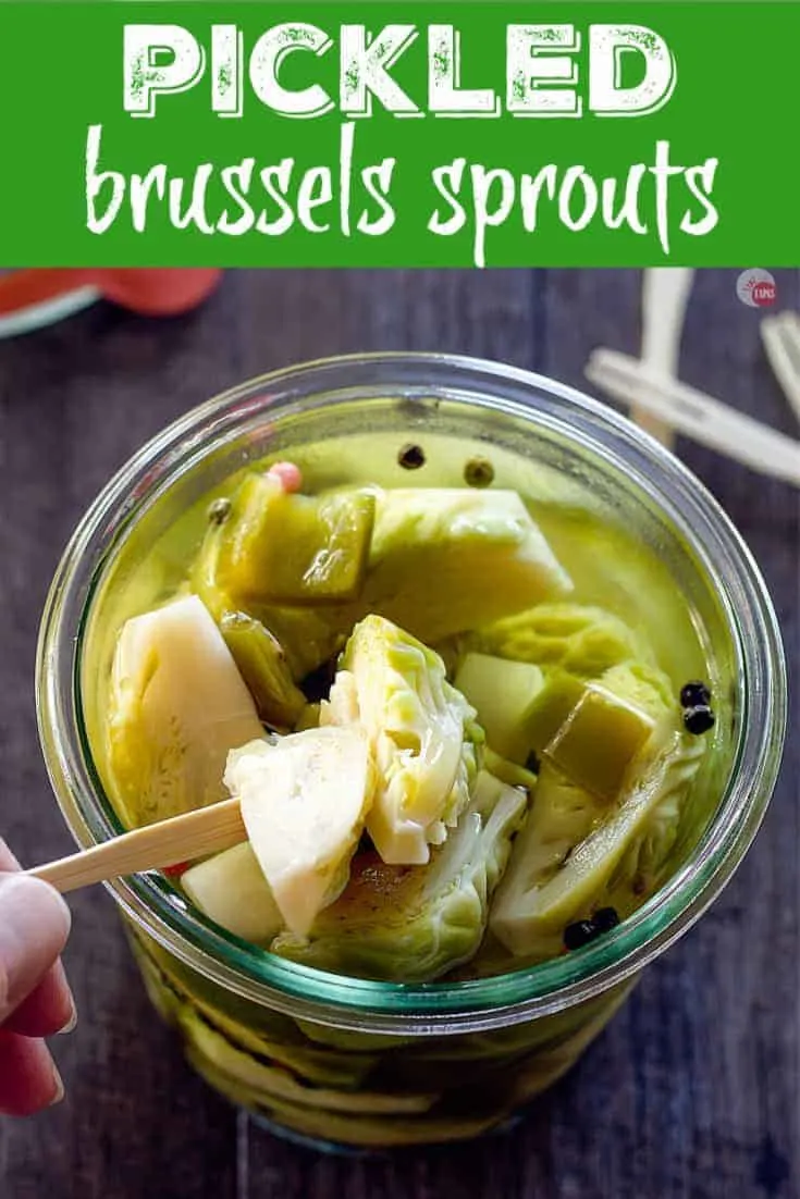 Pinterest image with text "pickled brussels sprouts"