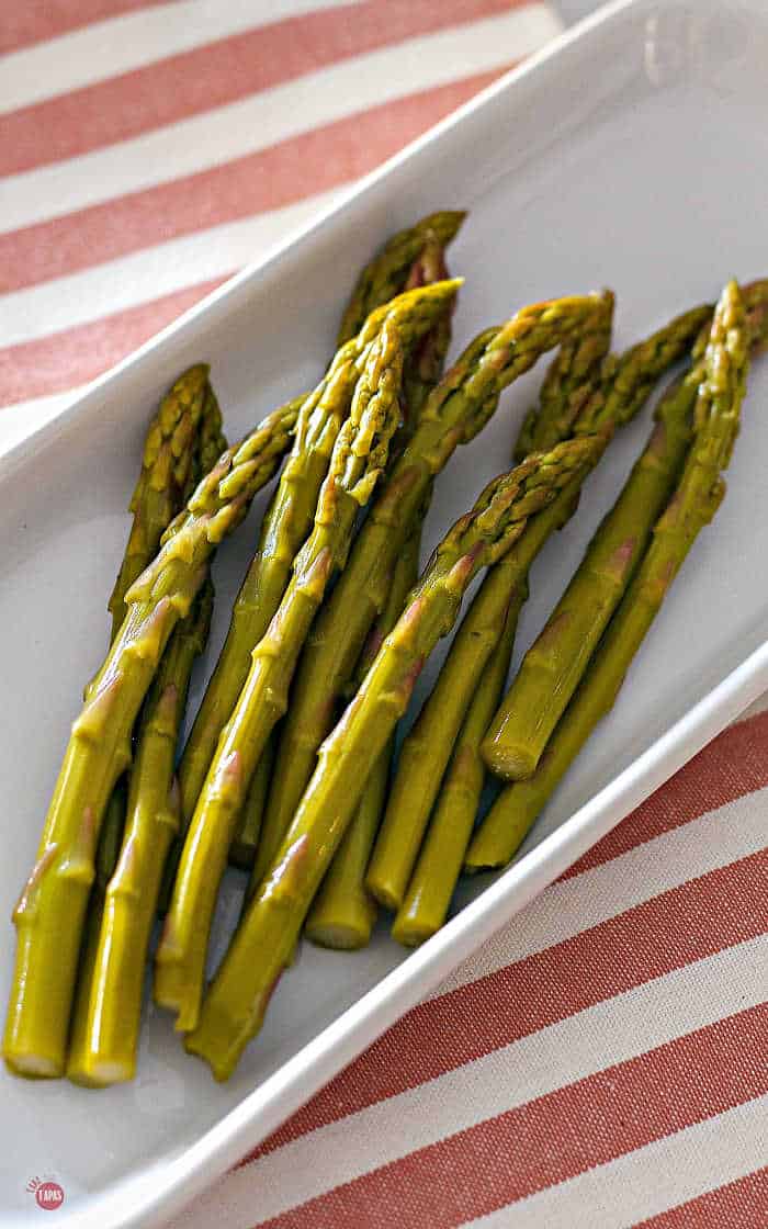 close up of pickled asparagus spears