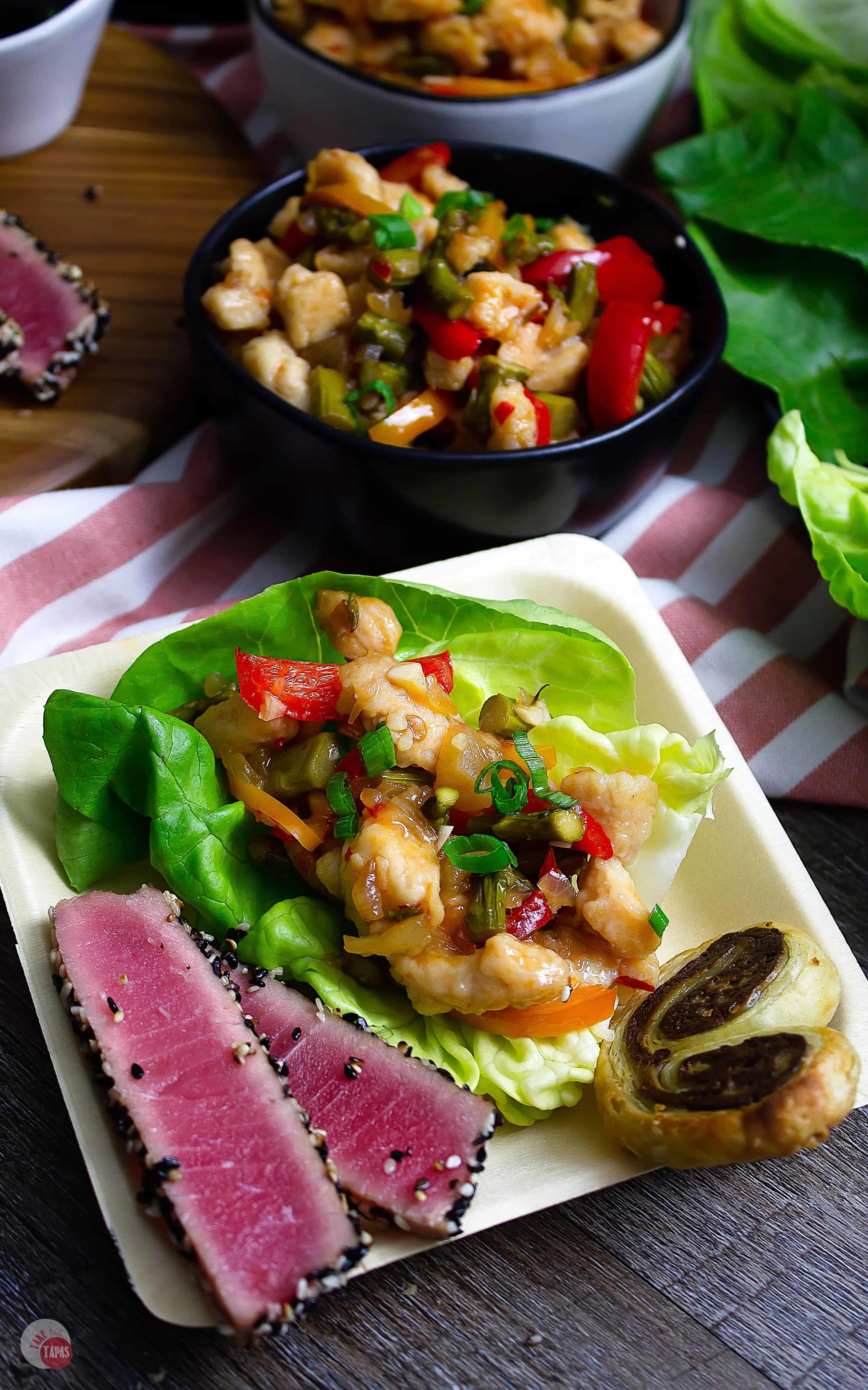 This Asian Tapas Menu of lettuce wraps, seared tuna steaks, and matcha chai palmiers is perfect for any night! | Take Two Tapas | #AsianTapasMenu #TapasMenu @anolon #AD #KitchenCreativity
