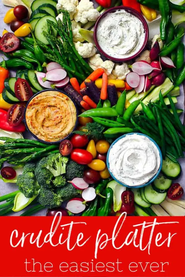 Pinterest image of a vegetable platter with text "crudite platter te easiest ever"