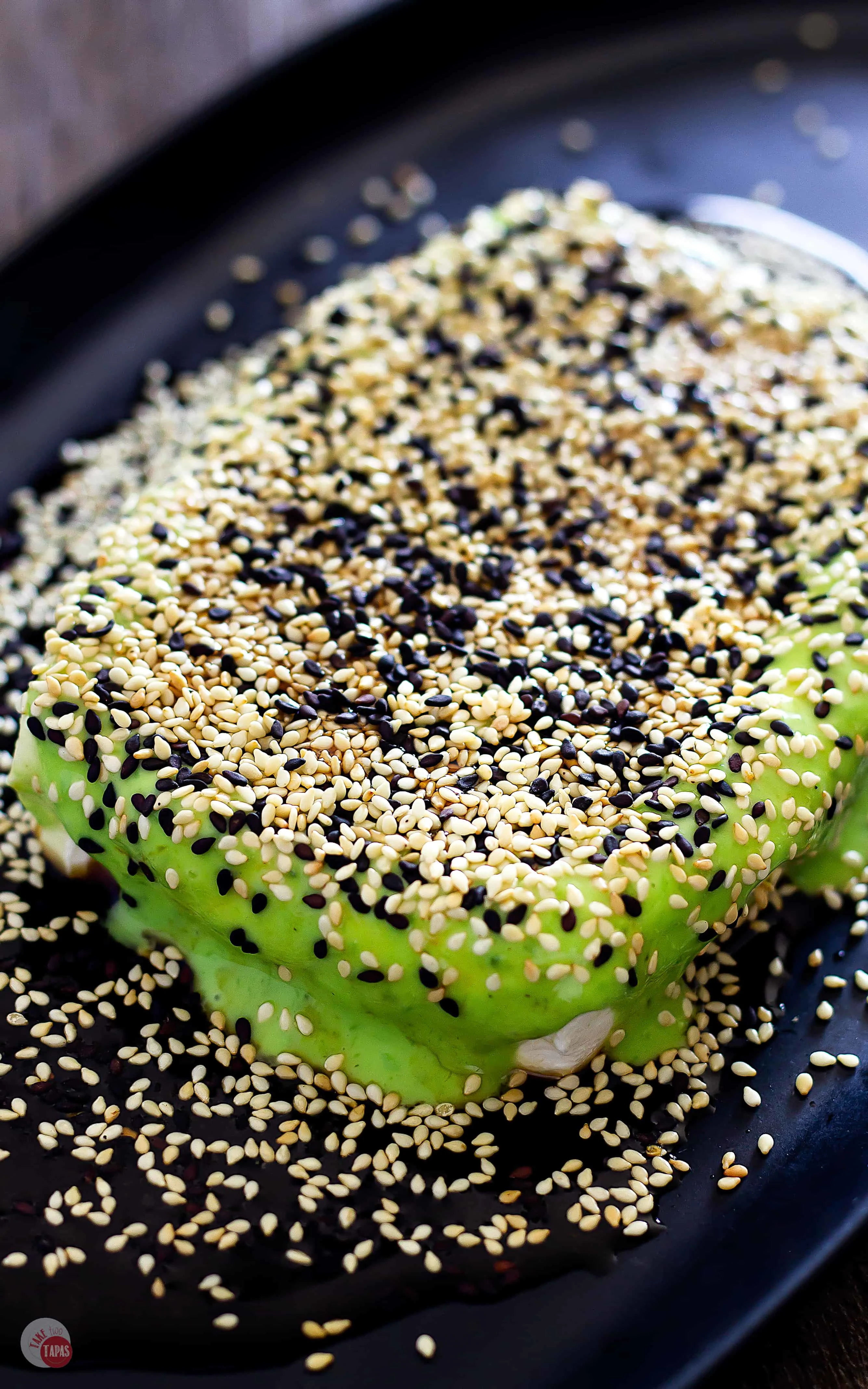 Drizzle with Ponzu or soy sauce and top with toasted sesame seeds | Take Two Tapas | #CreamCheeseAppetizer #EasyAsianAppetizers
