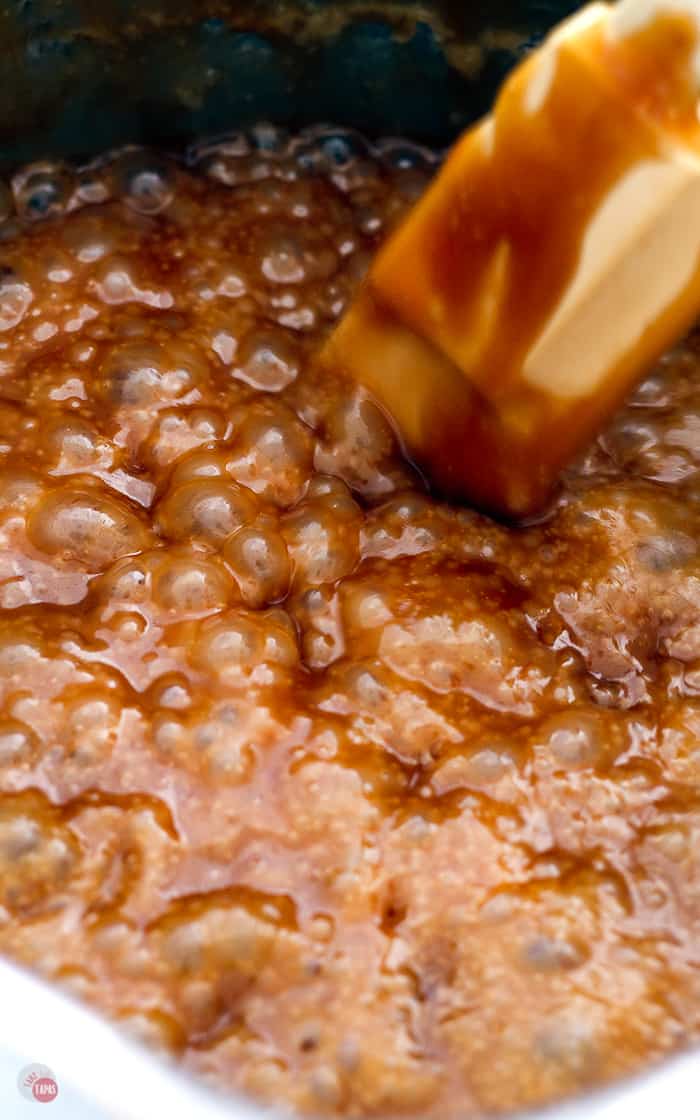 Pecan Butter Rum Toffee Mixture cooking in a pot