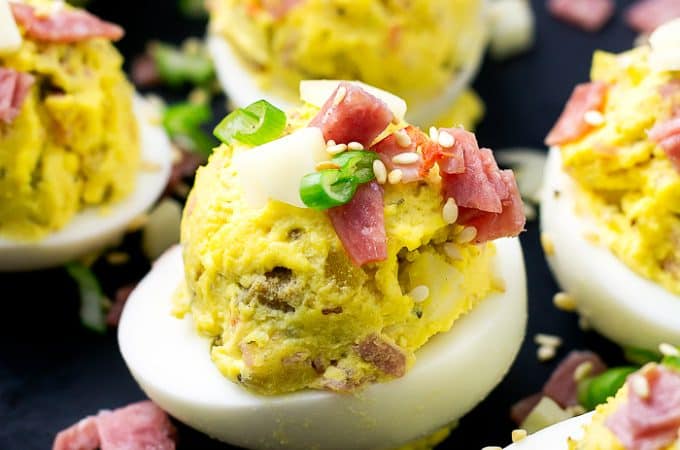 Muffuletta Deviled Eggs are perfect for Mardi Gras! | Take Two Tapas | #Muffuletta #DeviledEggs #MardiGras