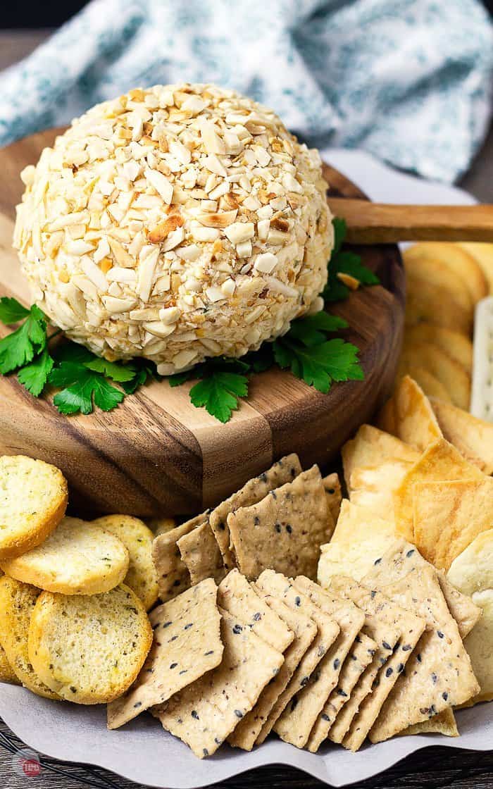 side view of basic cheese ball surrounded by crackers