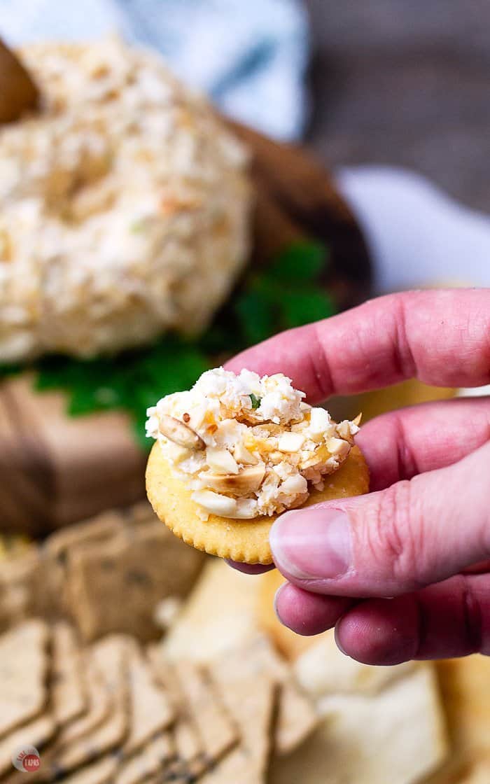 hand holding a cracker with a cheese ball spread on it