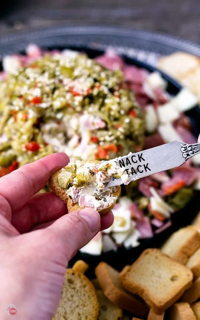 Grab some hearty and sturdy crackers or crostini for this muffuletta cheese ball! #Muffuletta #muffaletta #cheeseball