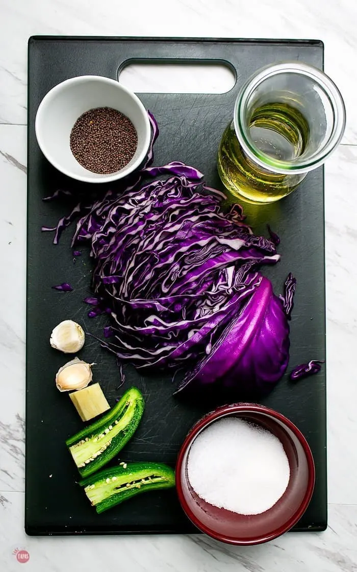 overhead picture of a few ingredients used to make pickled purple cabbage