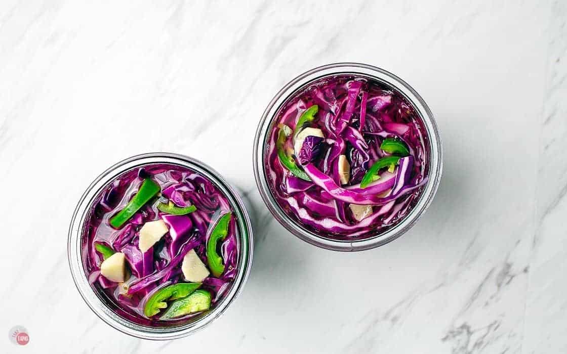 overhead shot of how to make pickled cabbage