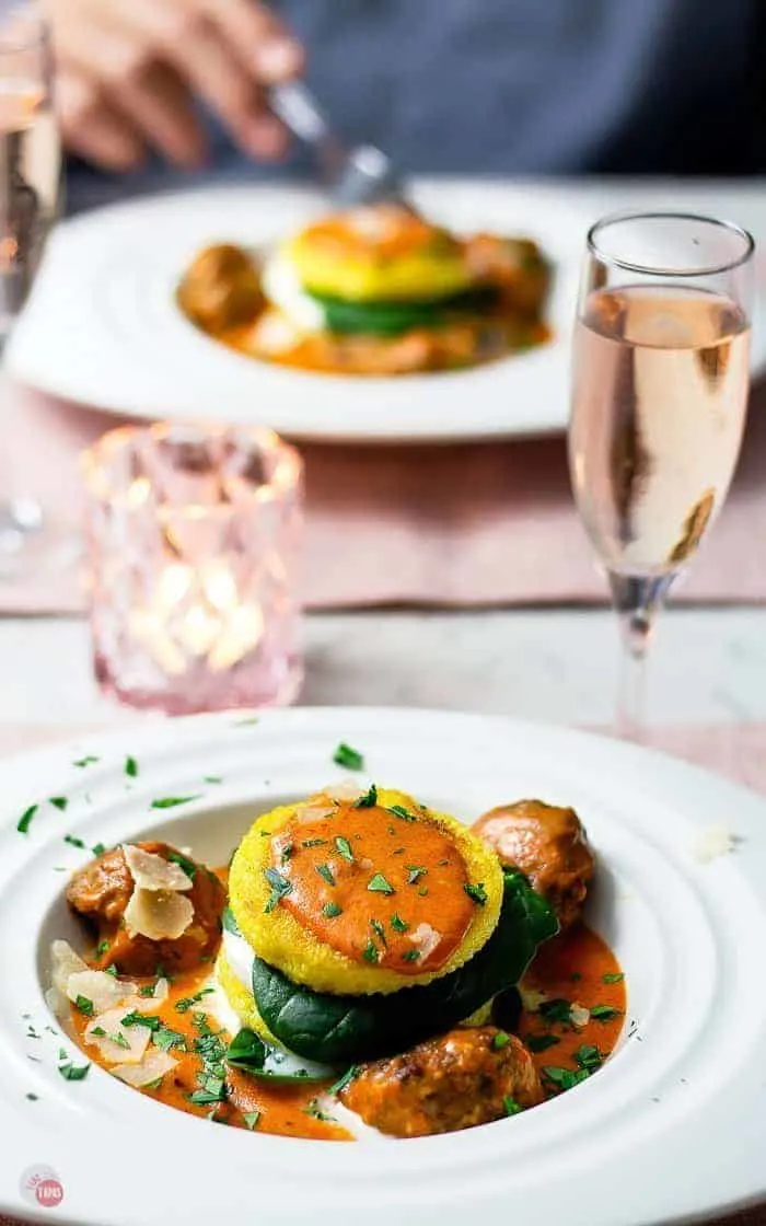 Polenta Mozzarella Stacks with Rosa Sauce in a bowl