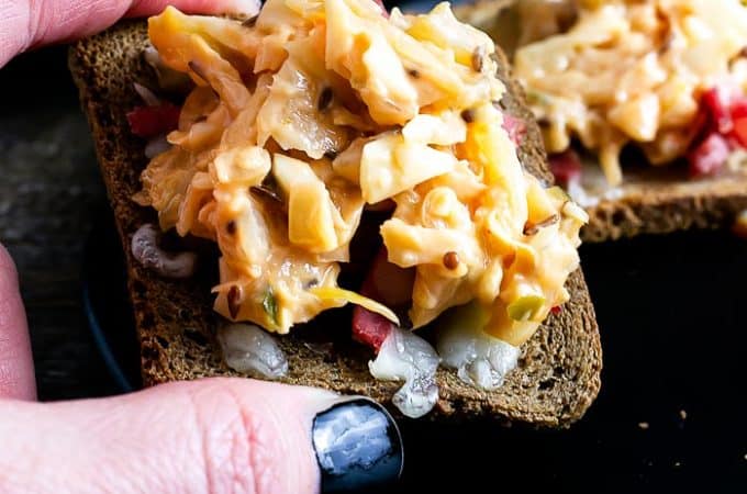 Reuben Sauce on a toast with corned beef and swiss cheese