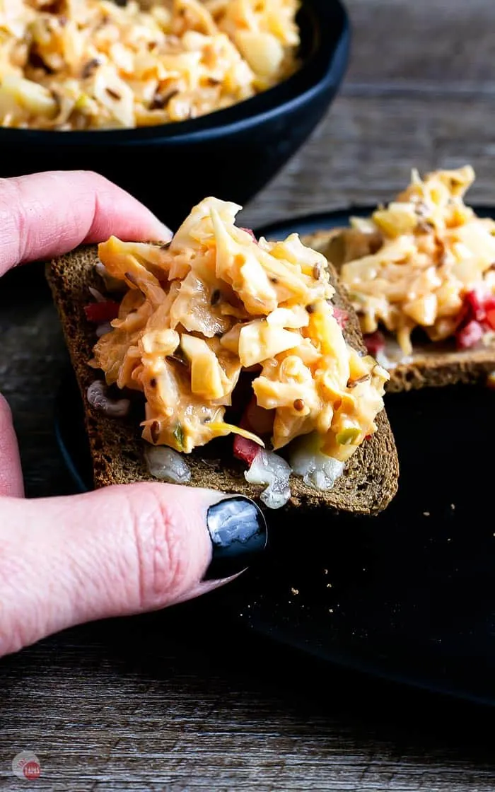 Reuben Sauce on a toast with corned beef and swiss cheese