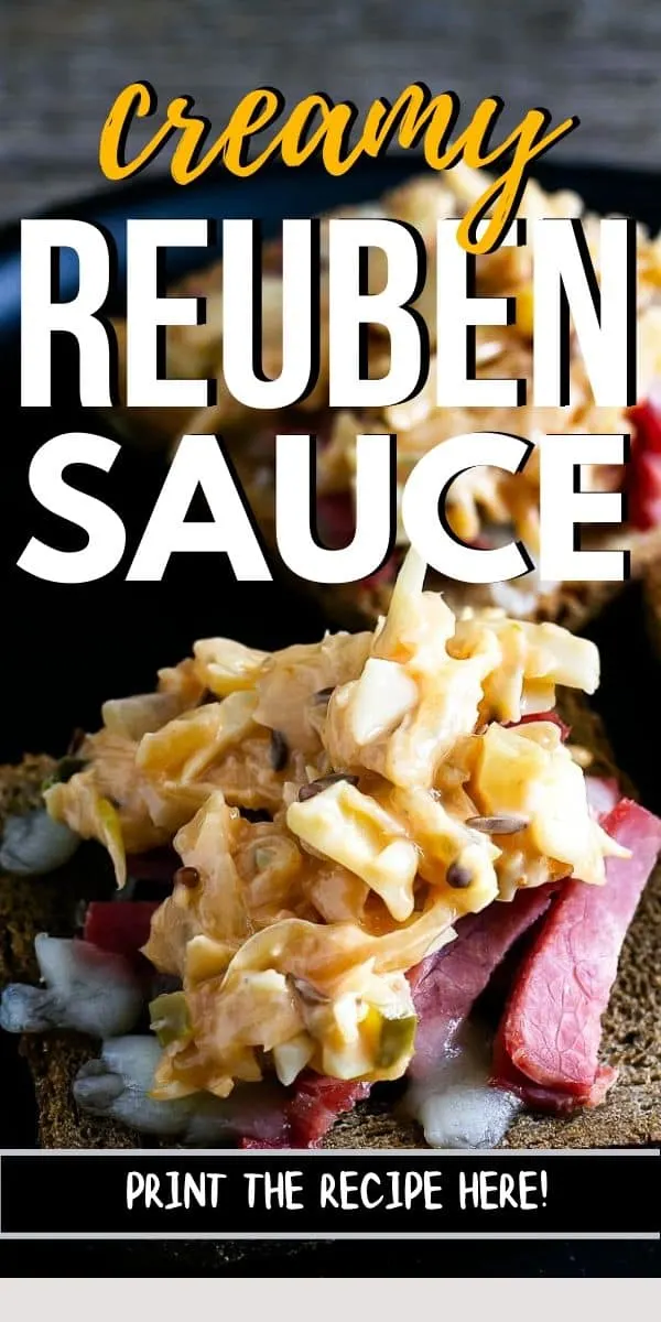 reuben sauce closeup with text "reuben sauce"