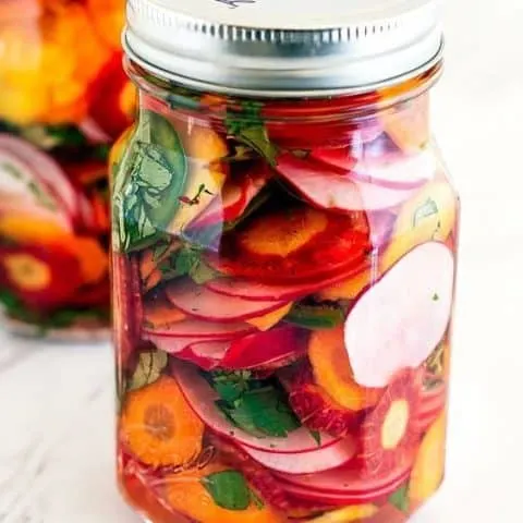pickled carrots and jalapeño in a jar
