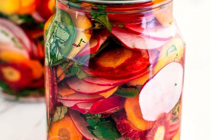 pickled carrots and jalapeño in a jar