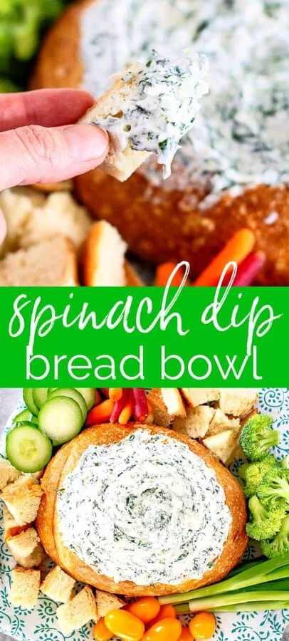 collage of spinach dip pictures with text" spinach dip bread bowl"