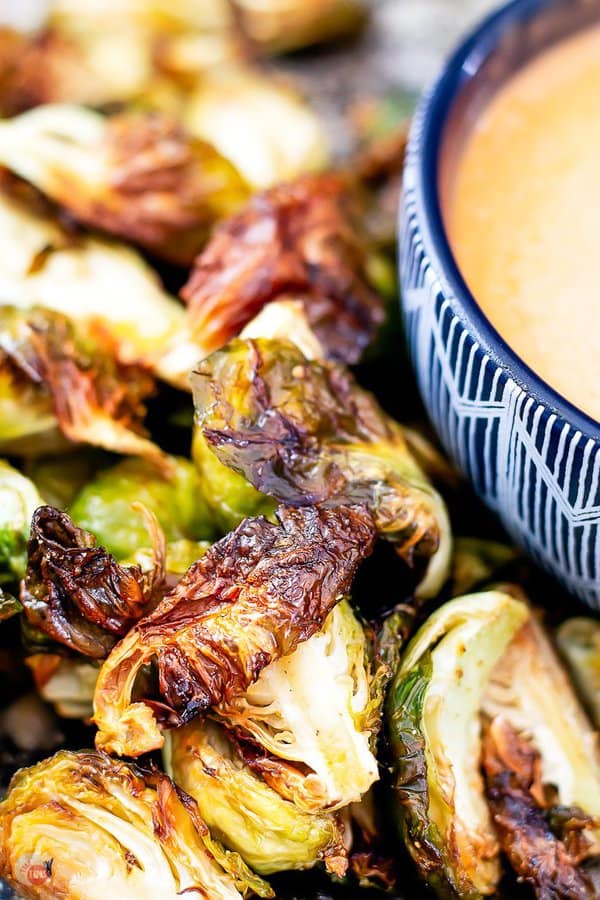 close up view of crispy air fryer Brussels sprouts