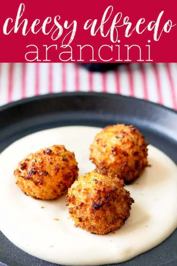 Pinterest image for cheesy alfredo arancini