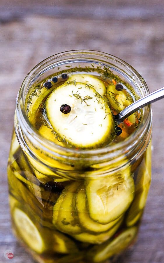 overhead picture of beer pickles in a jar