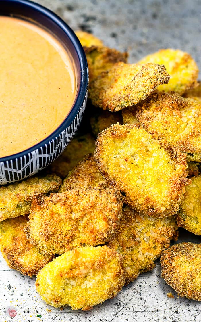 close up of crispy fried pickles