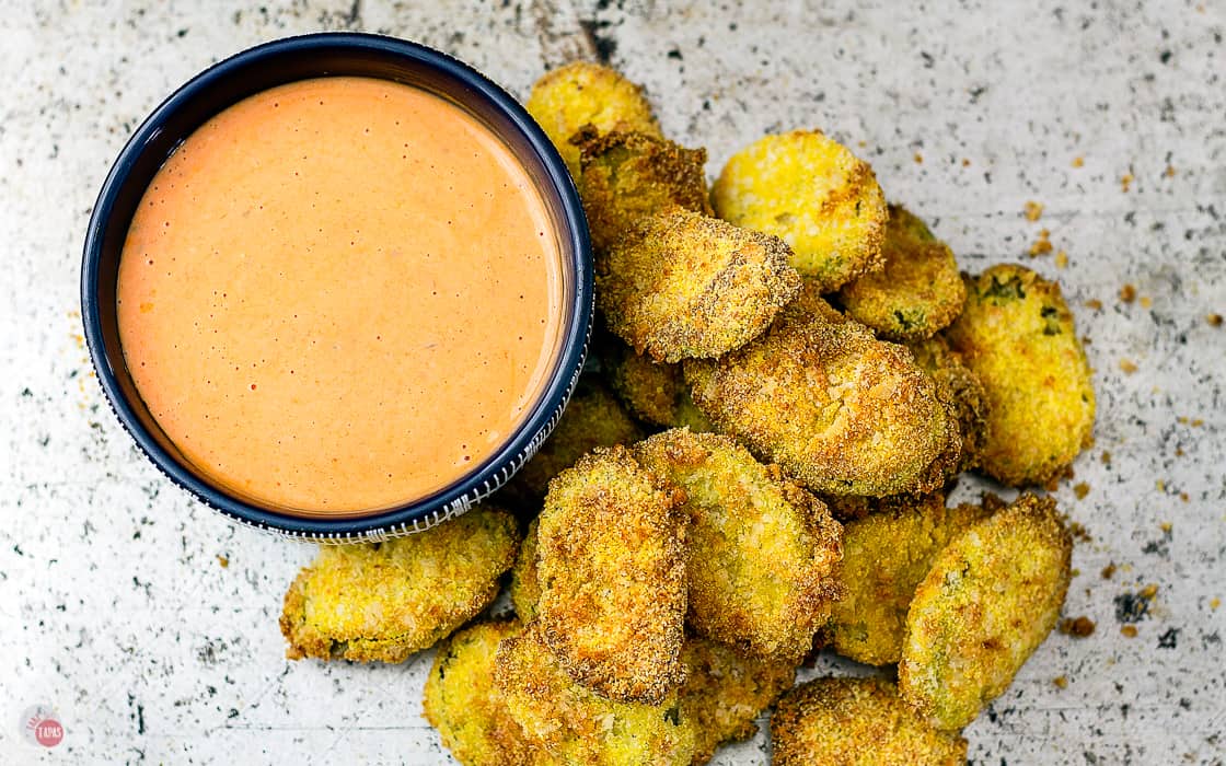 overhead view of spicy fried beer pickles