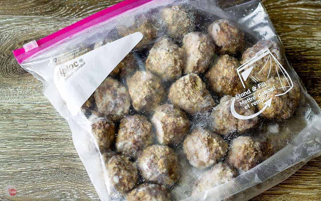 overhead picture of frozen meatballs in a bag