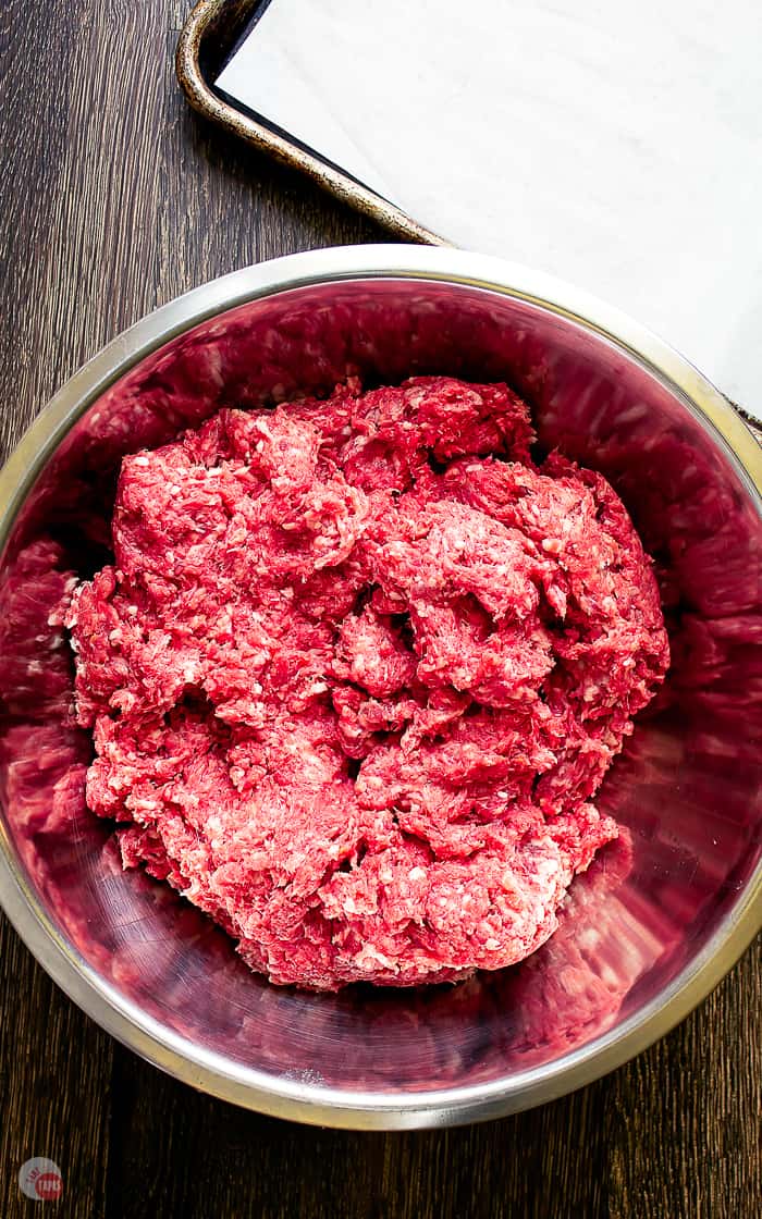 ground beef in a metal bowl