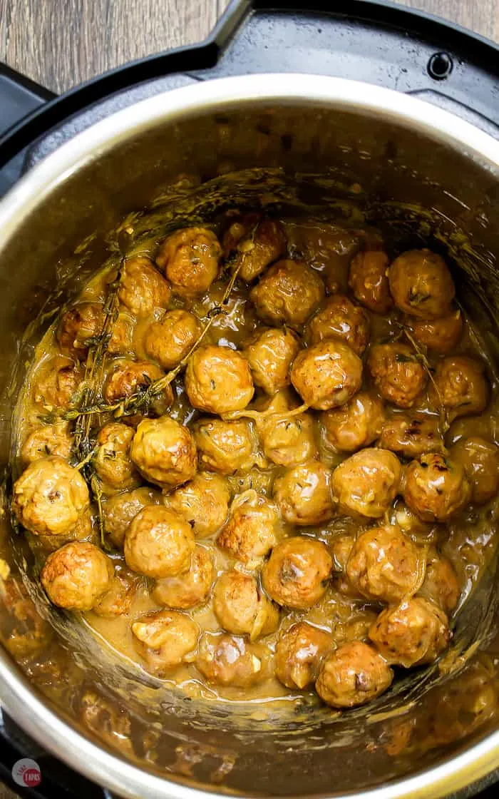 overhead picture of french onion meatballs in instant pot