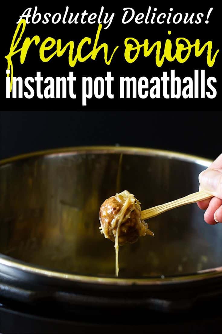 cocktail meatballs on forks with text "instant pot french onion meatballs"