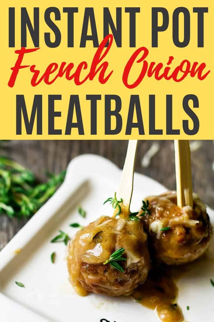 cocktail meatballs on forks with text "instant pot french onion meatballs"