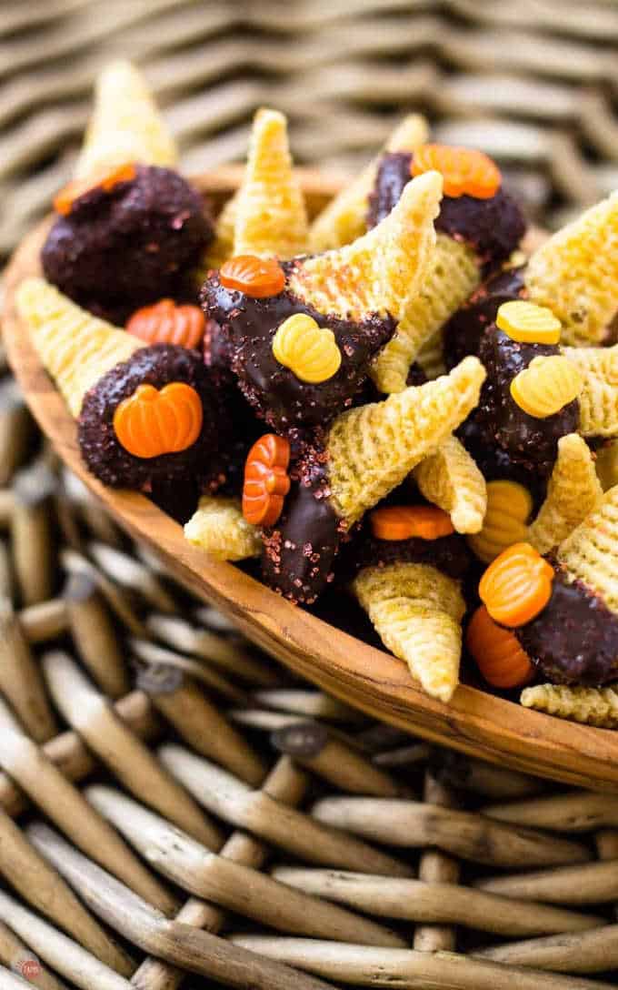 close up of chocolate bugles in a wood bowl